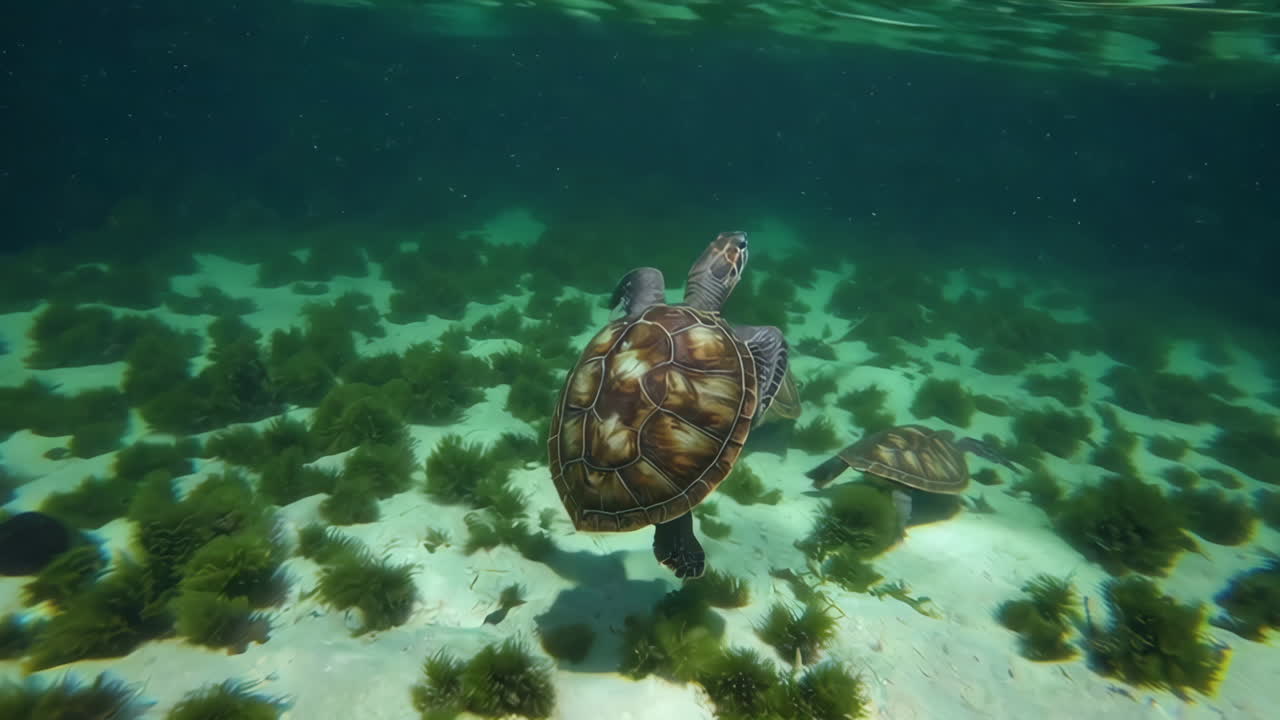 Sea Turtles Feeding in Shallow Water