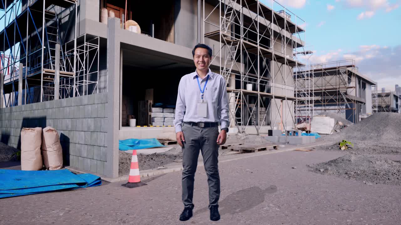 Un lavoratore professionista asiatico in piedi a figura intera in un cantiere edile per la costruzione di una nuova casa, che guarda la camera e sorride