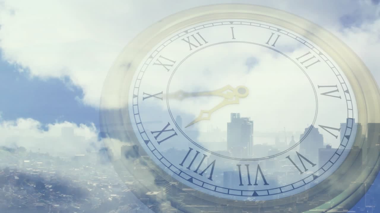 On play clock centering, gold hands advancing, clouds drifting showing time over city skyline