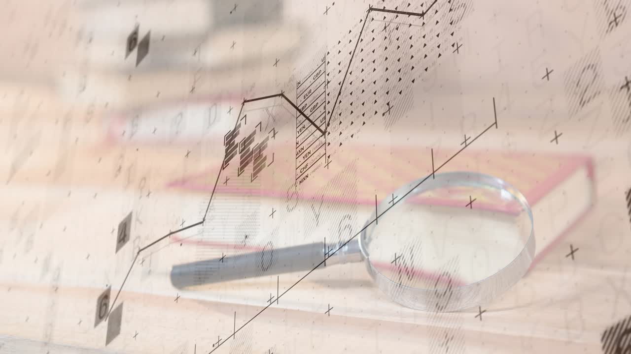 Line graph emerging over magnifying glass, rising with data symbols before fading for data analysis