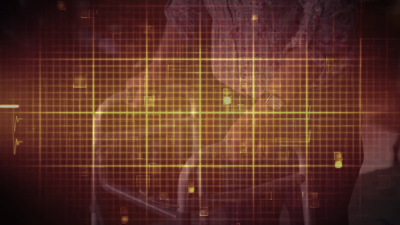 발걸음 프레임을 사용하는 고령 여성 위에 빛나는 심박수 모니터와 데이터의 애니메이션