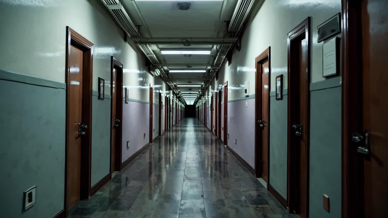 Eerie video scene of a dimly lit, long corridor with a low-angle perspective, highlighting symmetry