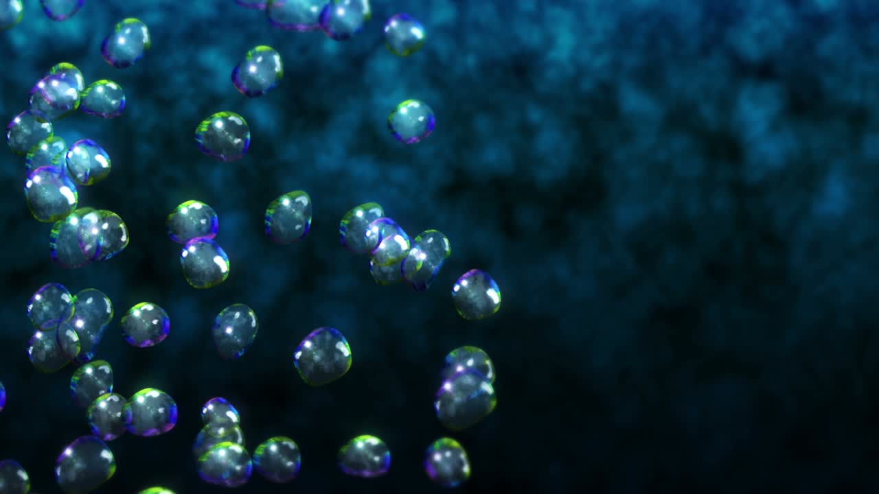 Flying many water drops on black background. Pure droplets. Transparent surface. 3D animation of air bubbles rotating. Loop animation.