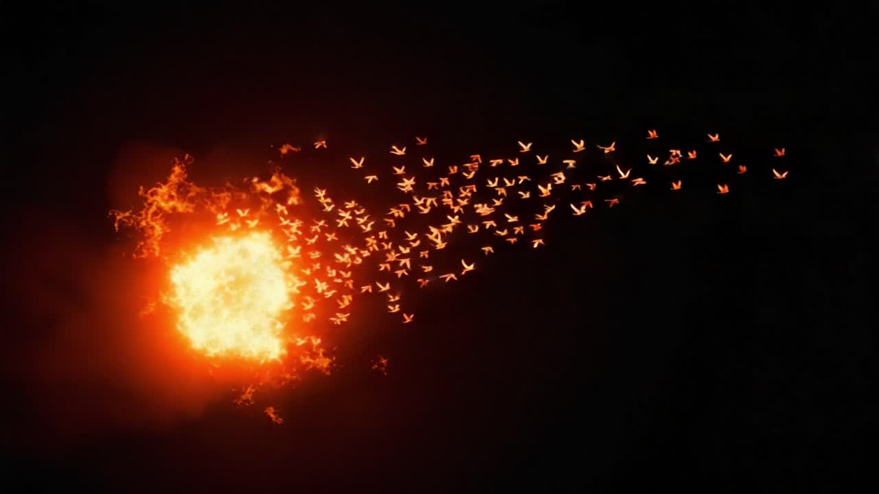 A mesmerizing visual of an explosion radiating fiery brilliance, with flocks of birds taking flight amidst the swirling flames and dramatic contrasts in darkness
