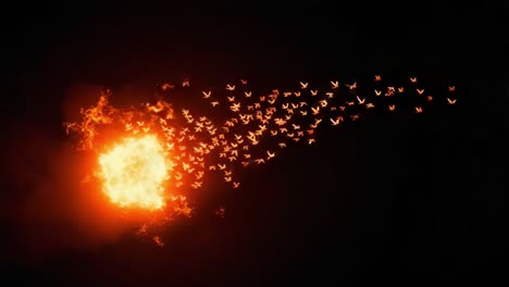 a mesmerizing visual of an explosion radiating fiery brilliance, with flocks of birds taking flight amidst the swirling flames and dramatic contrasts in darkness