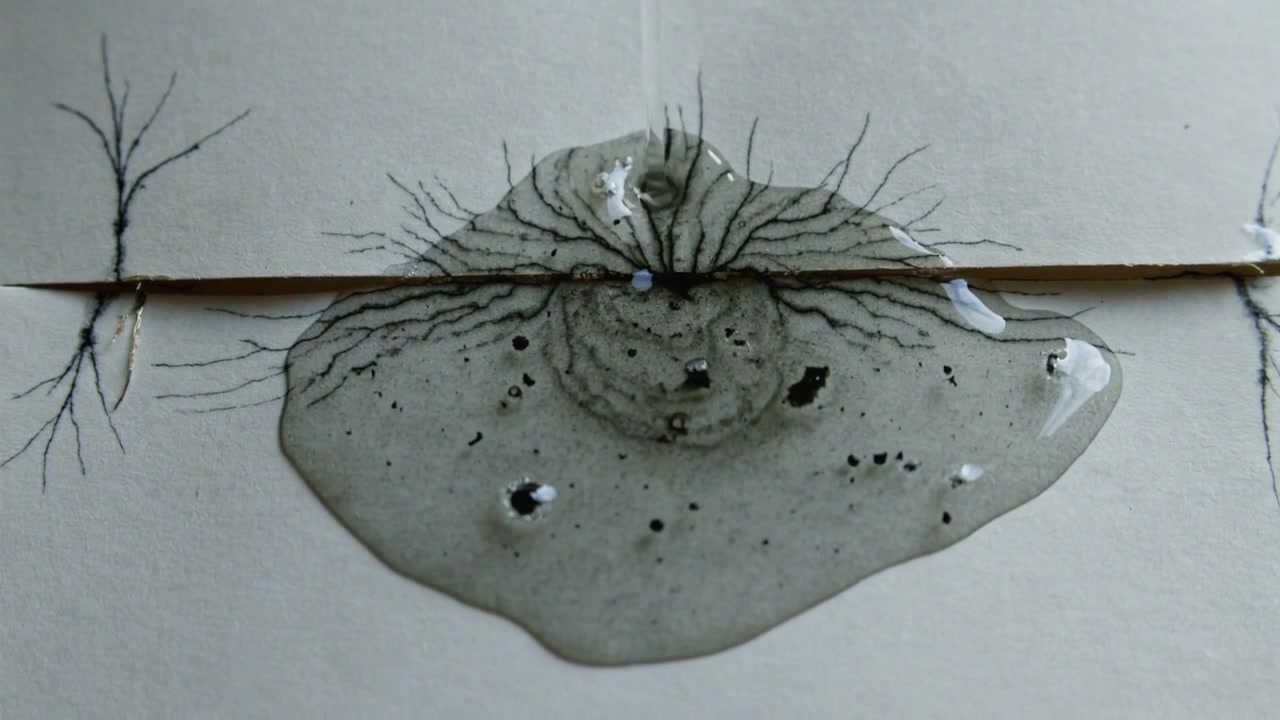 Spreading thick gray puddle forming branching spikes on paper slit, magnet beneath aligning grains