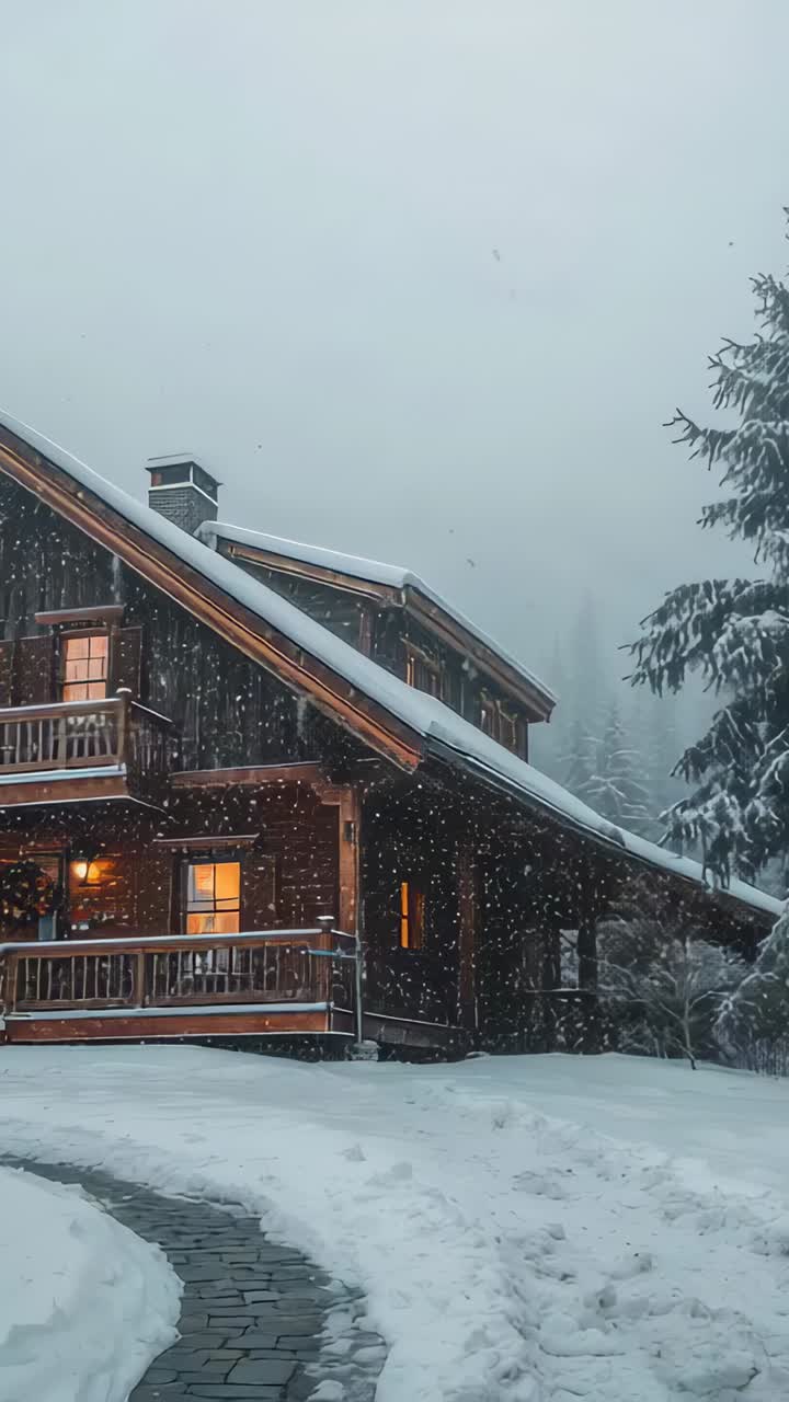 Vertical video: Camera panning up, revealing fog and snow around chalet with lit windows, path