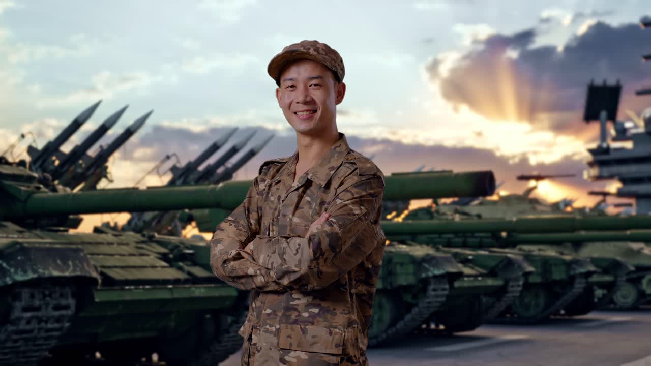 Vista lateral de un soldado asiático sonriendo y cruzado de brazos de pie junto a un tanque
