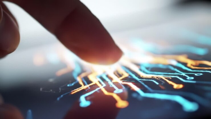 A Close-Up View of a Finger Interacting with a Touchscreen Display Showcasing Colorful Circuit Patterns and Digital Connectivity in Modern Technology