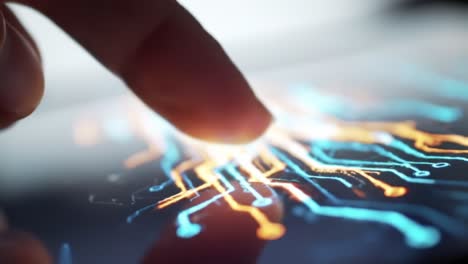 a close-up view of a finger interacting with a touchscreen display showcasing colorful circuit patterns and digital connectivity in modern technology