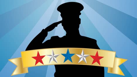 Multiple-colorful-stars-on-golden-ribbon-over-silhouette-of-soldier-against-blue-radial-background