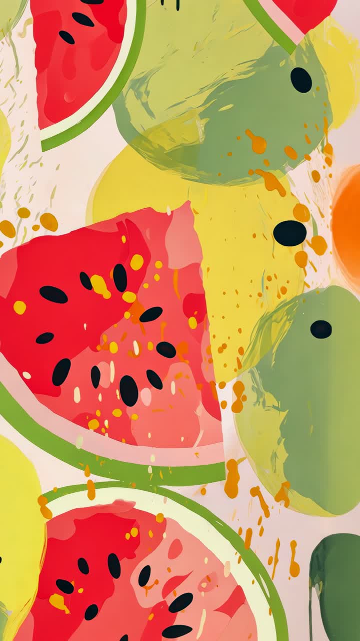 Colorful abstract watermelon and citrus slices in a top-down view, resembling a vibrant, playful