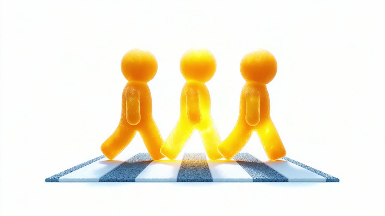 Three vibrant yellow figures confidently stride across a blue and white striped surface, emanating a warm glow that enhances the scene's playful and artistic ambiance