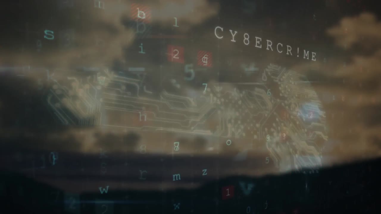 Animation of cyber security data processing and icons against dark clouds