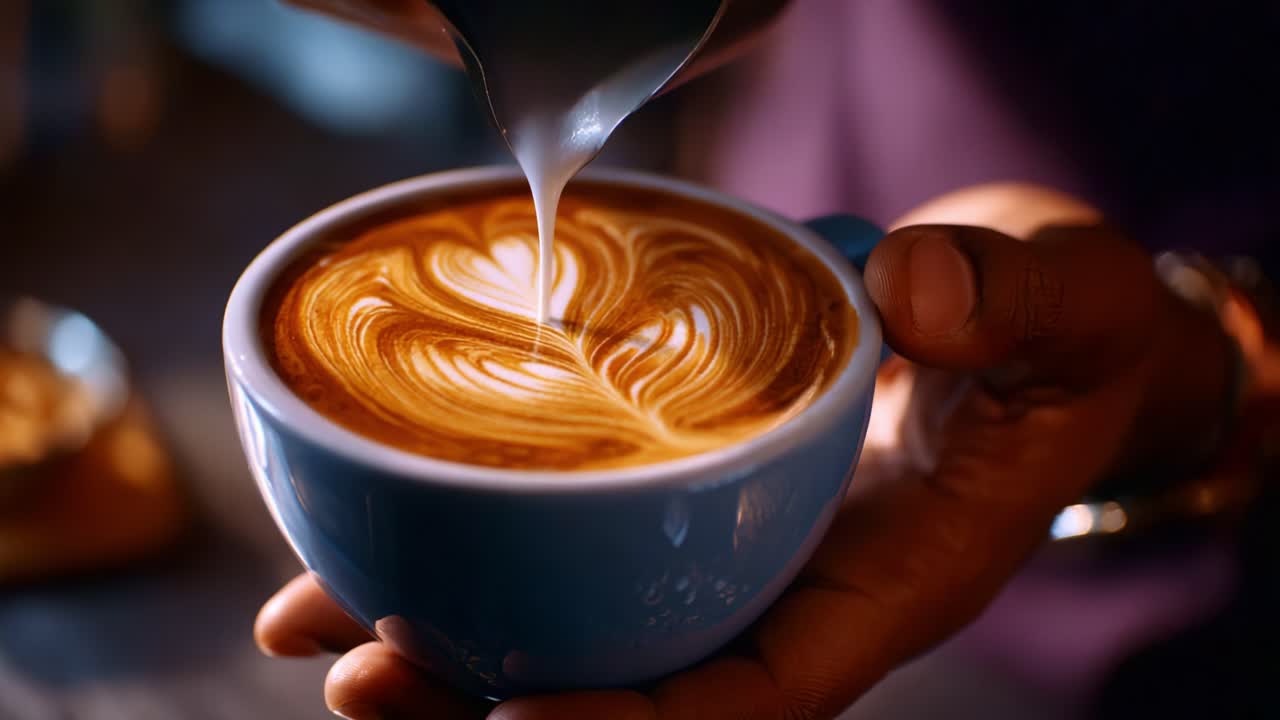 Artful Barista Creating a Beautiful Latte with Intricate Milk Foam Design in a Cozy Café Setting, Highlighting the Craft of Latte Art in Coffee Culture