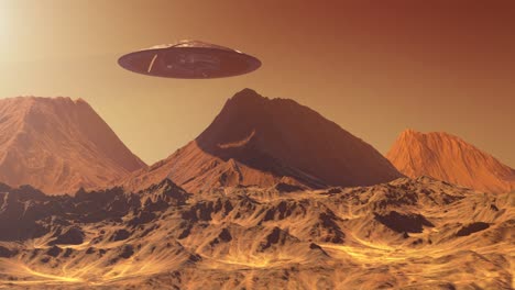 massive ufo alien saucer hovering over planet mars mountain