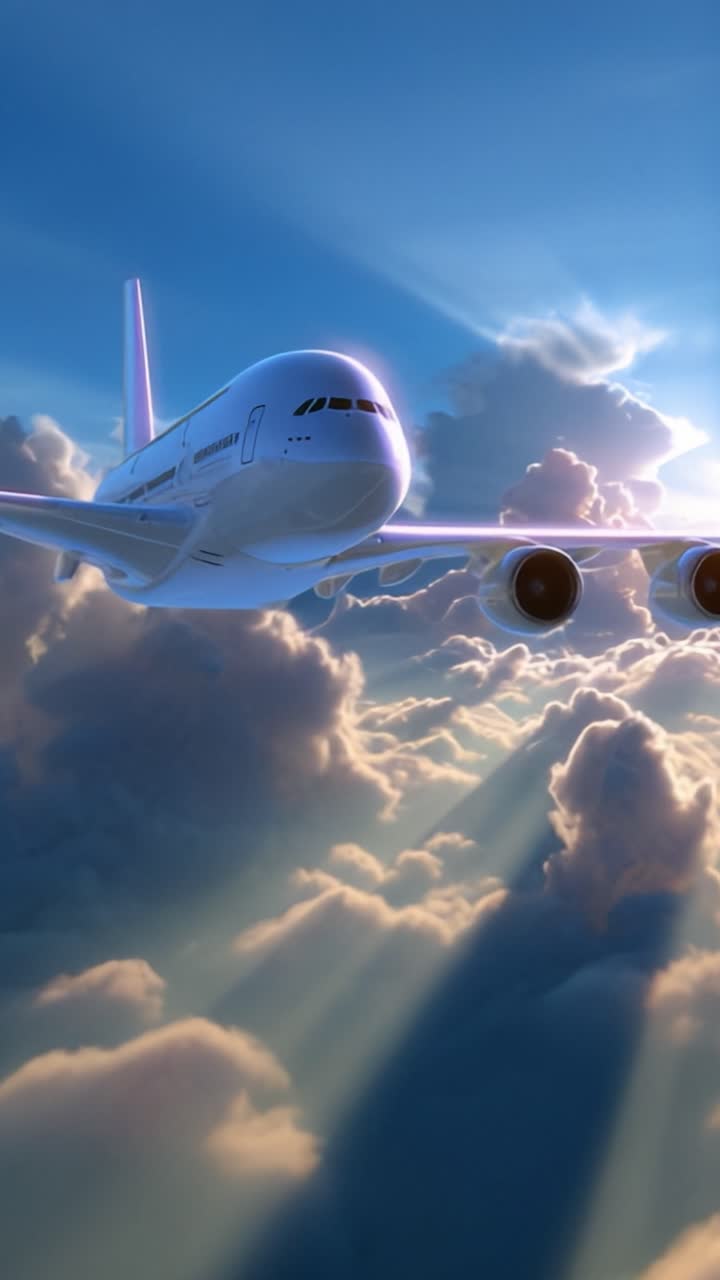 Un maestoso grande aereo che si libra tra nuvole vivaci, illuminato da una luce solare soffusa, che mostra la bellezza del volo e la vastità del cielo.