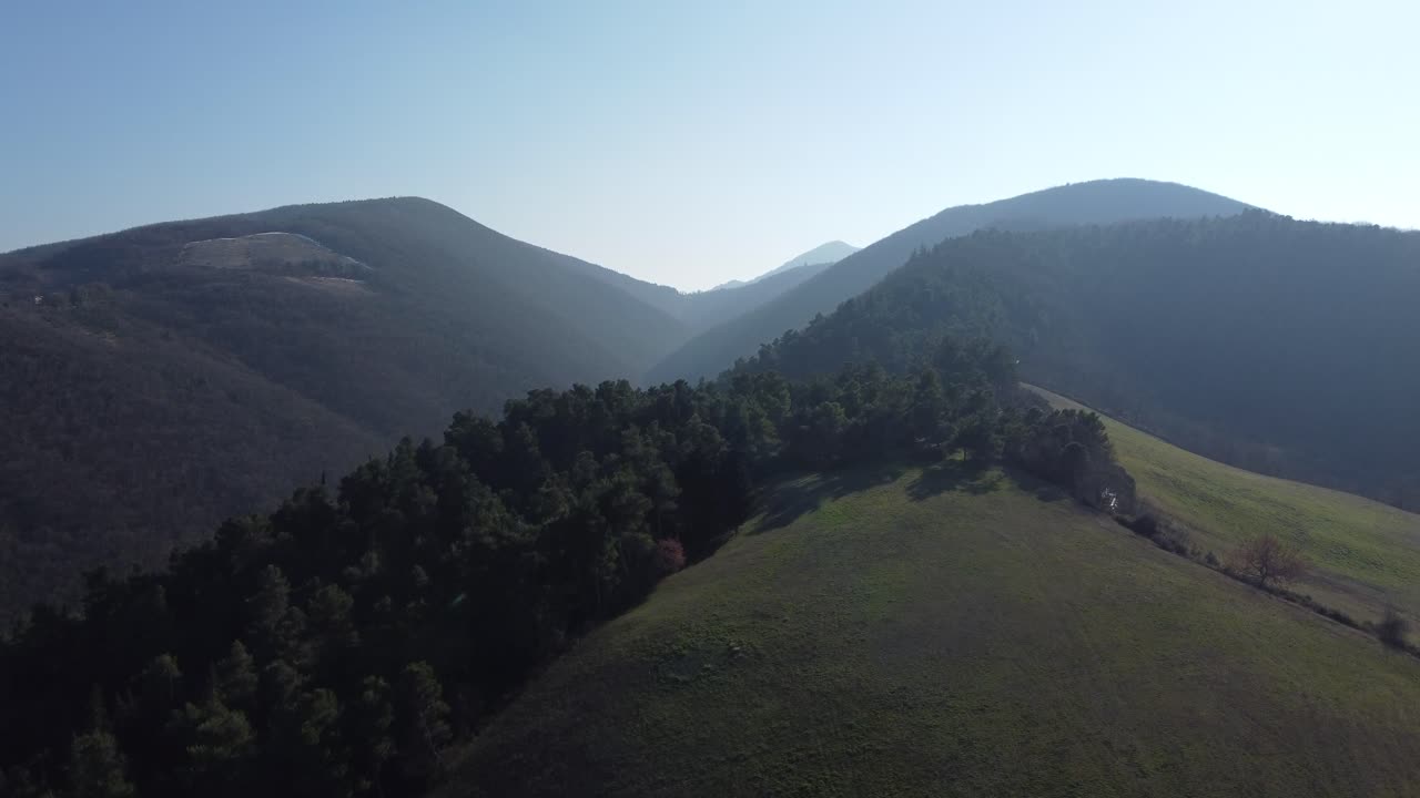 Drone rises up from meadow and field over a forrest at sunset in early spring in Italy.