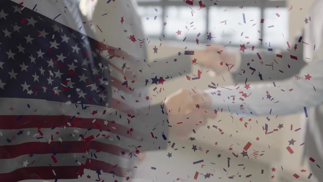 Animation of confetti falling over american flag and businessman handshake