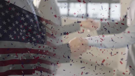 Animation-of-confetti-falling-over-american-flag-and-businessman-handshake