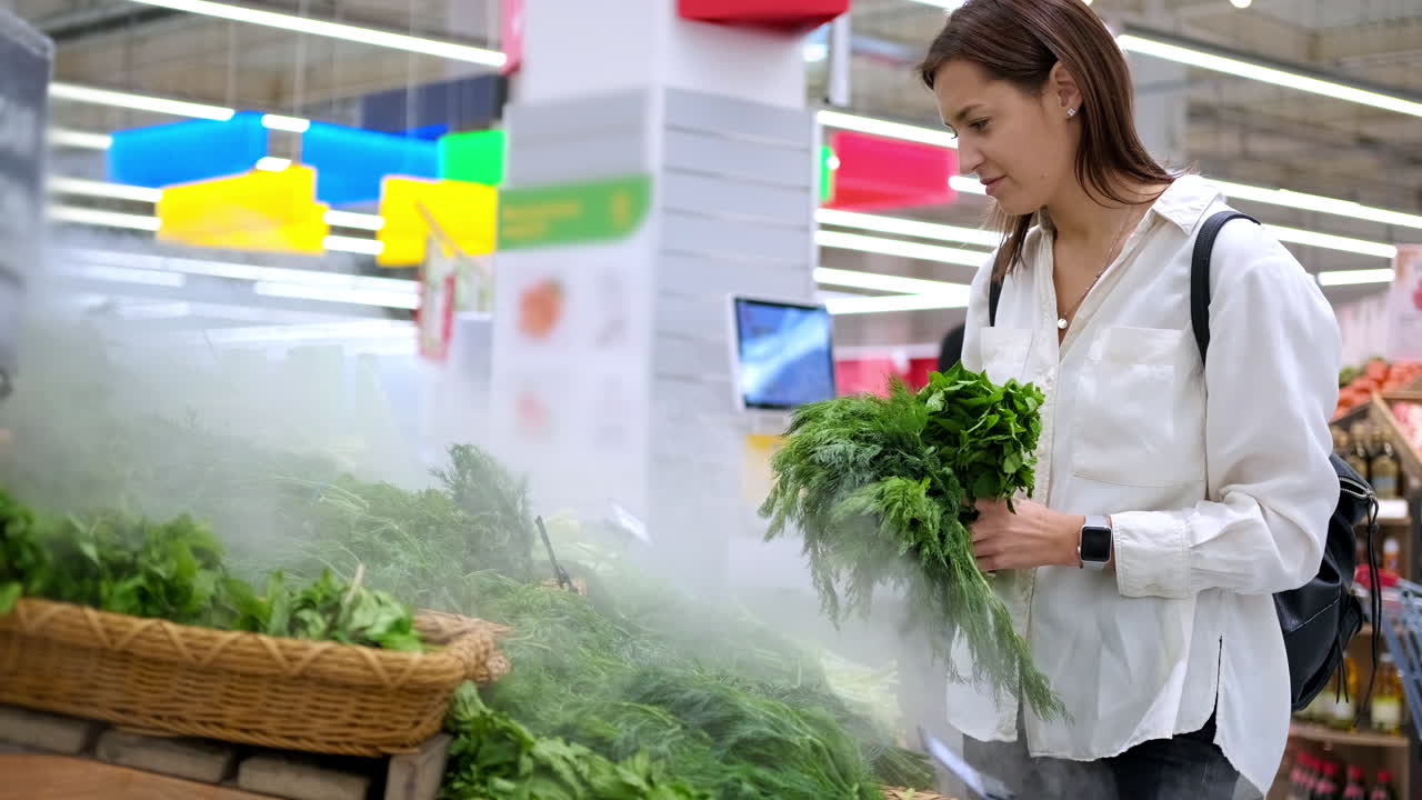 슈퍼마켓 에서 약초 를 구입 하는 여자