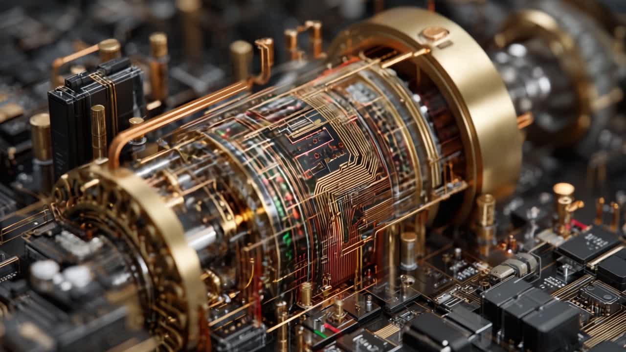 Složitý detail futuristického designu obvodu s transparentním jádrem ukrývajícím pokročilou technologii ve složitém elektronickém prostředí.