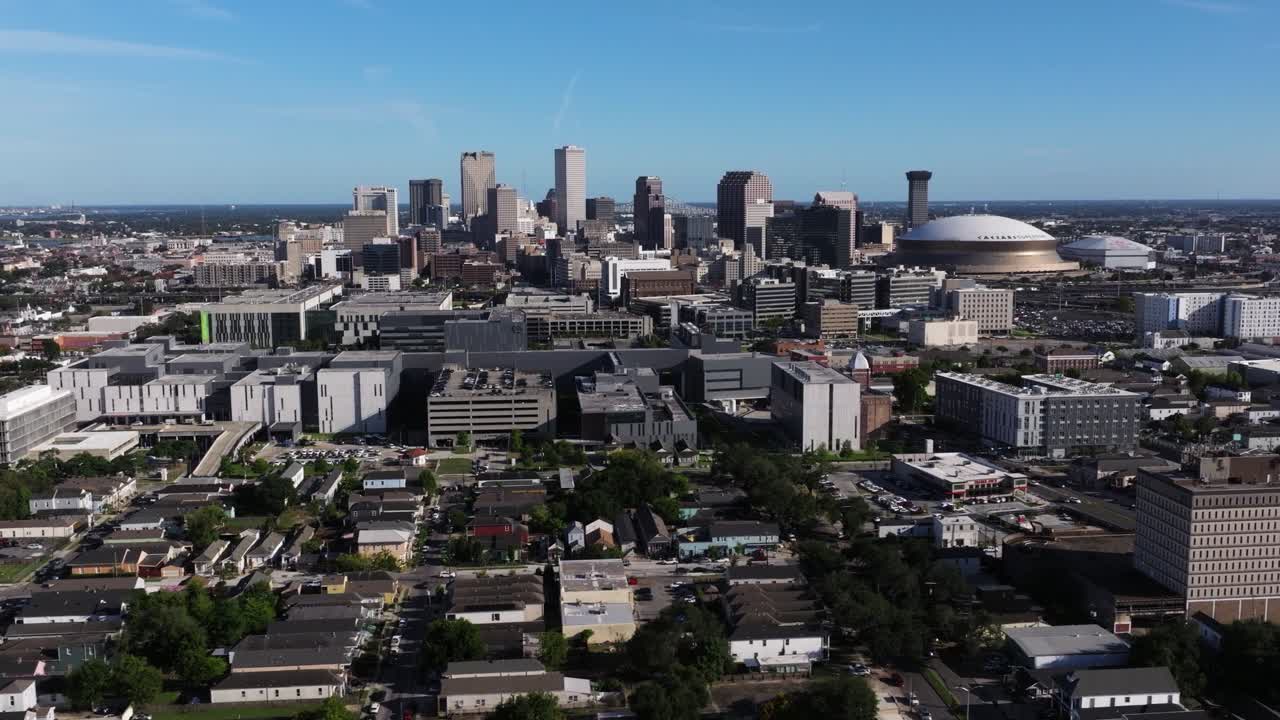 Sliding Shot Above New Orleans Downtown. Drone View