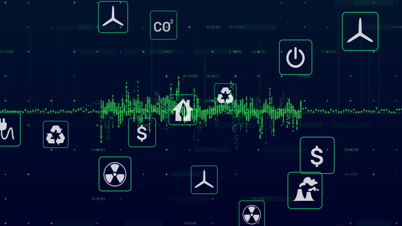 Animation of energy and environmental icons overlaying fluctuating green digital data