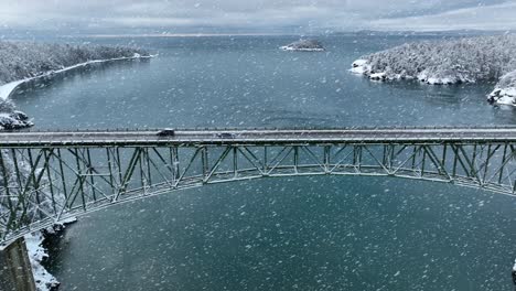 Toma-De-Un-Dron-De-Un-Automóvil-Que-Cruza-Un-Puente-En-Invierno-Con-Nieve-Cayendo-Activamente