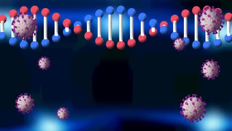 Animation-of-dna-strand-spinning-and-falling-covid-19-cells-over-dark-background