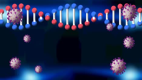 animación de cadenas de adn girando y cayendo células de covid-19 sobre un fondo oscuro