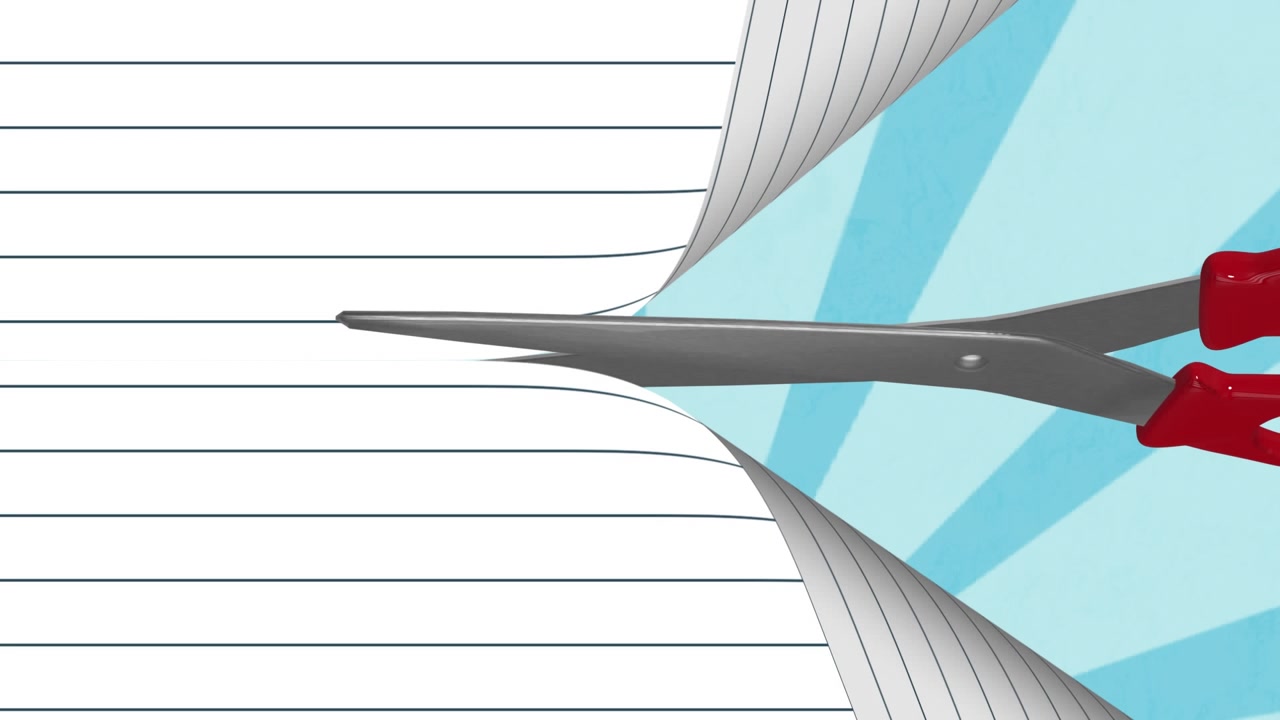 Animation of scissors cutting lined paper, revealing radiating blue striped background