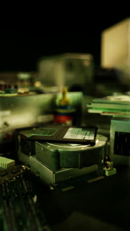 piezas de computadora viejas, incluido un disco duro y un disquete, en una mesa