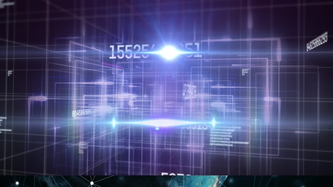 바뀌는 숫자의 애니메이션과 보라색 배경의 그리드 위에 반 ⁇ 이는 빛을 통해 데이터 처리가