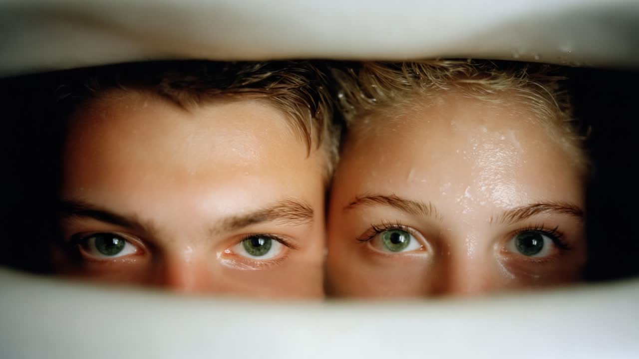 Close-Up Portrait of Two Individuals Sharing an Intimate Moment Beneath Water, Capturing Their Expressive Eyes and Glimmering Skin in a Unique Setting