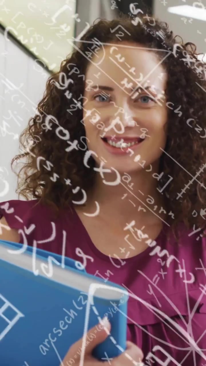 Animazione di equazioni matematiche su un'insegnante donna con una valigetta