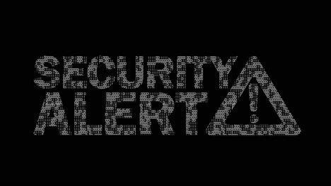clásico mensaje de alerta de seguridad animado con señal de advertencia con textura de código binario animado en un esquema de color blanco sobre un fondo negro