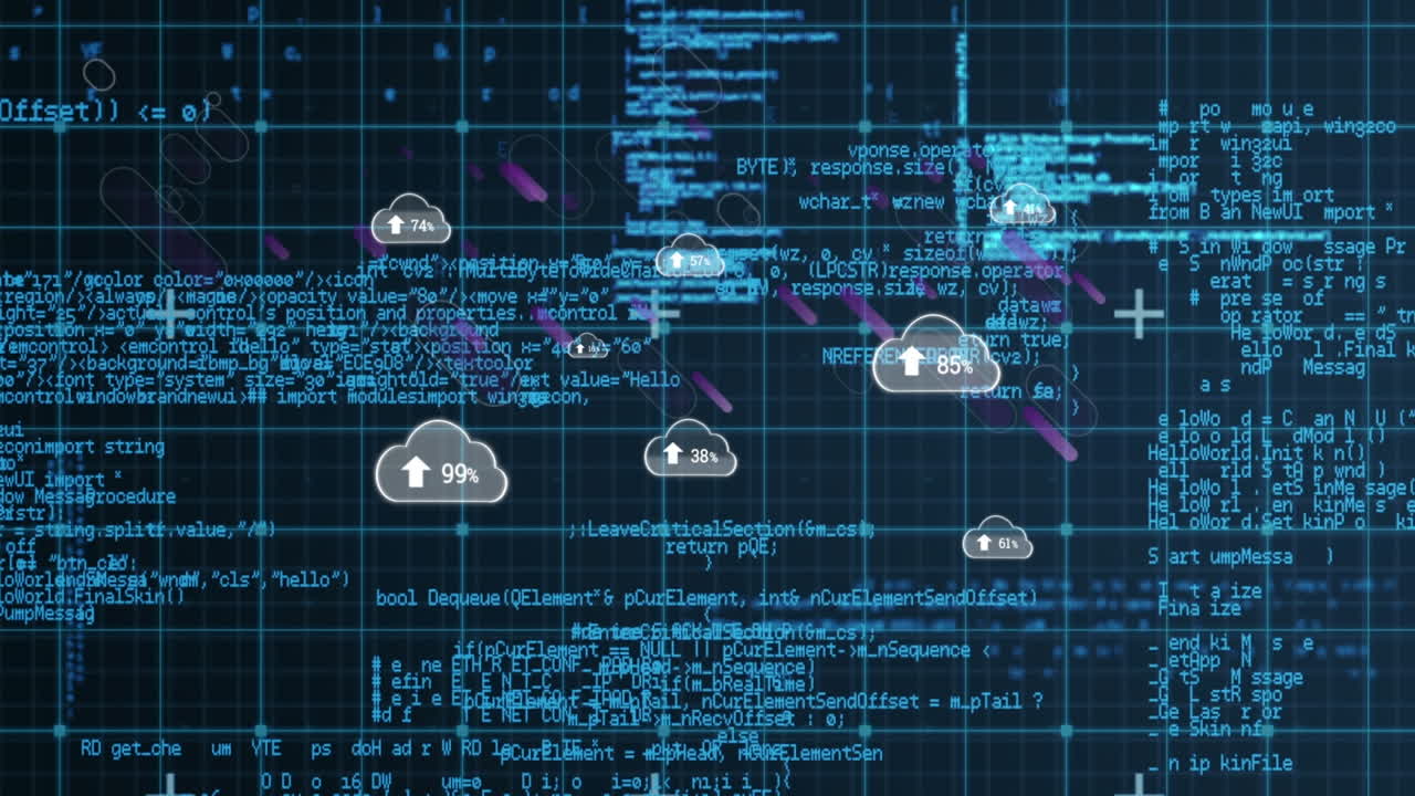 Animation of clouds with growing number over data processing and purple lines