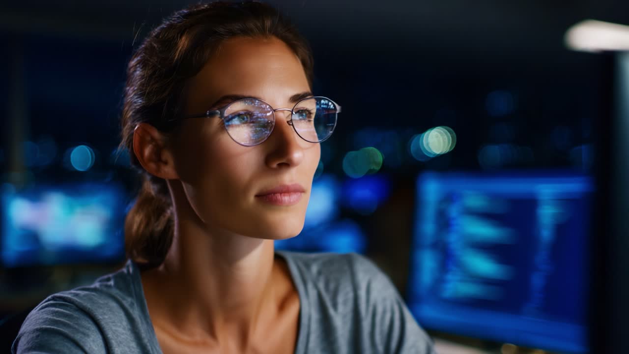 A focused woman with glasses sits in front of computer screens, deep in thought during a late-night session, showcasing concentration and determination