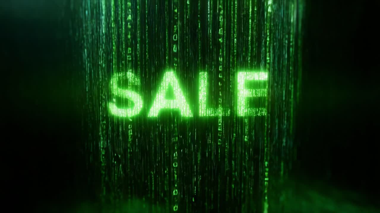 Dynamic Green Sale Display with Matrix Code Effect: Engaging Visual Representation for Special Promotions, Discounts, and Online Shopping Opportunities in a High-Tech Environment