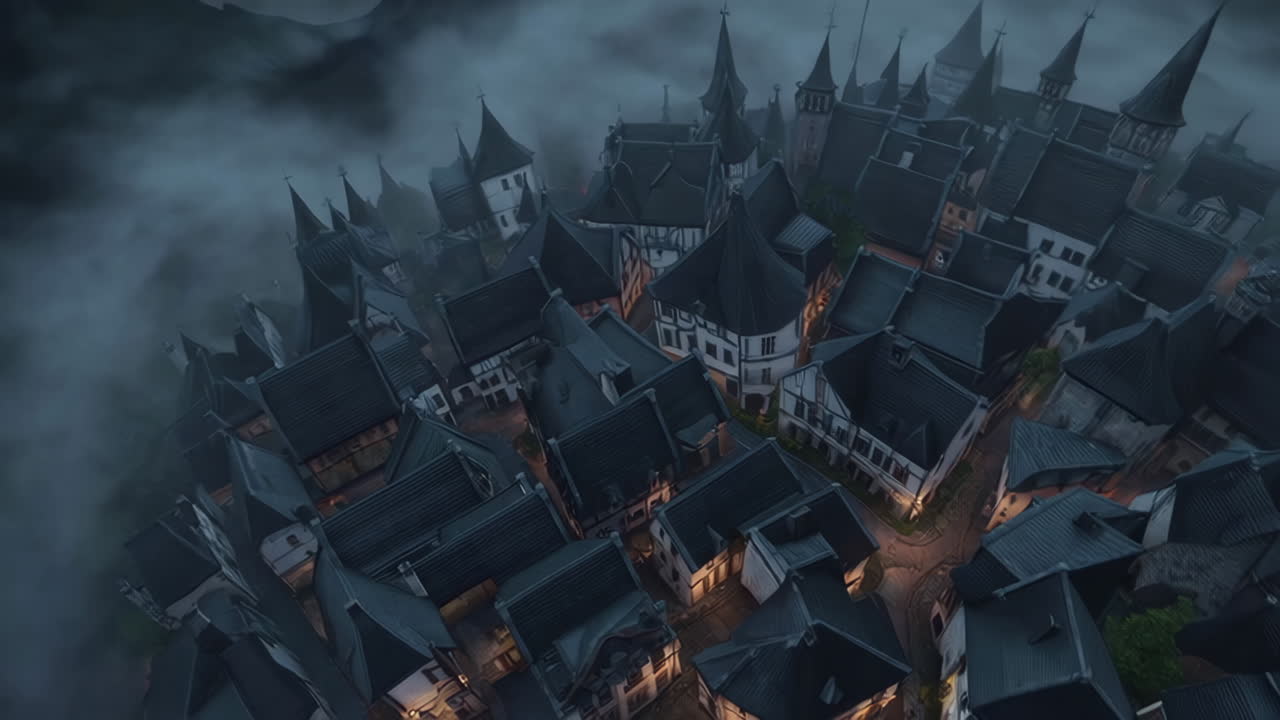 Città medievale nebbiosa