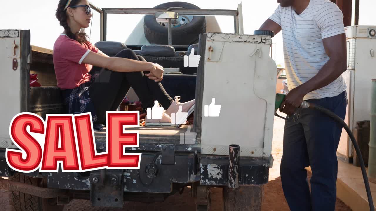 판매 텍스트의 애니메이션과 다양한 커플 연료 충전 차 위에 떨어지는 아이콘