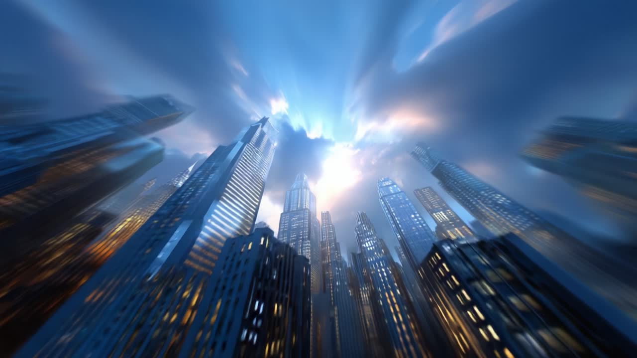 Una trasformazione mozzafiato dello skyline urbano illuminato da un cielo crepuscolare spettacolare, che mette in mostra imponenti grattacieli sotto le nuvole colorate sovrastanti