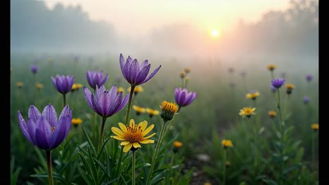 purple and yellow wildflowers at sunrise