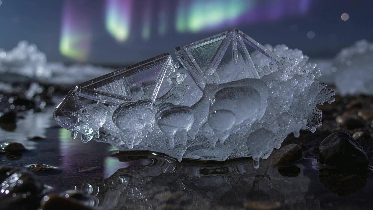 Moving camera revealing translucent ice chunk on wet pebbled shoreline under aurora, showing facets