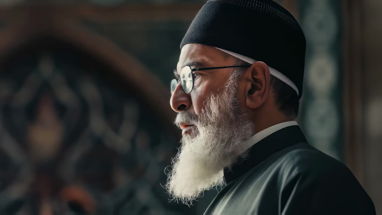 Mature muslim gentleman wearing glasses and traditional taqiyah cap, silently praying while standing inside mosque, embodying spiritual contemplation and religious devotion