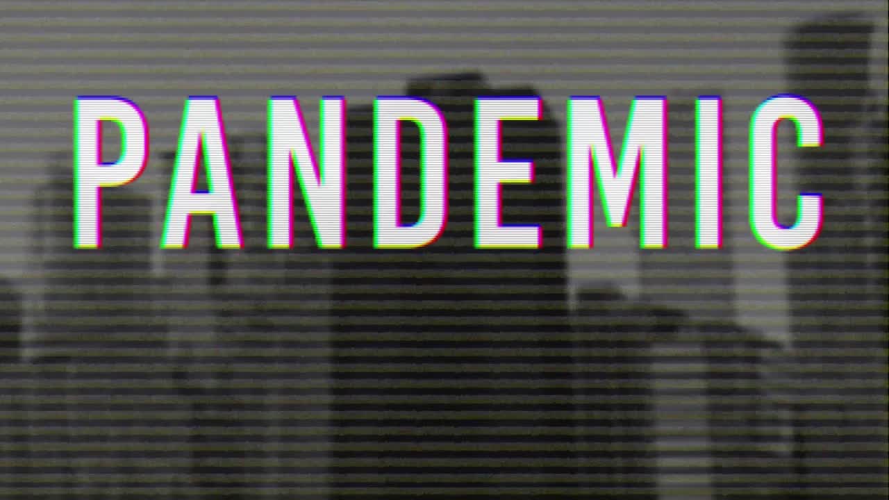 texto de pandemia contra el paisaje urbano en el fondo