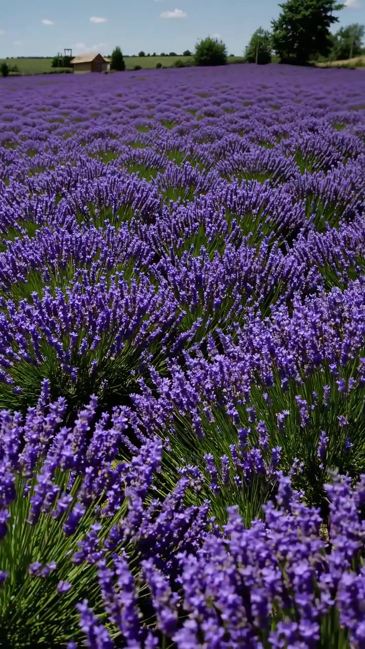 Camminare tra file di fiori di lavanda viola in un campo soleggiato