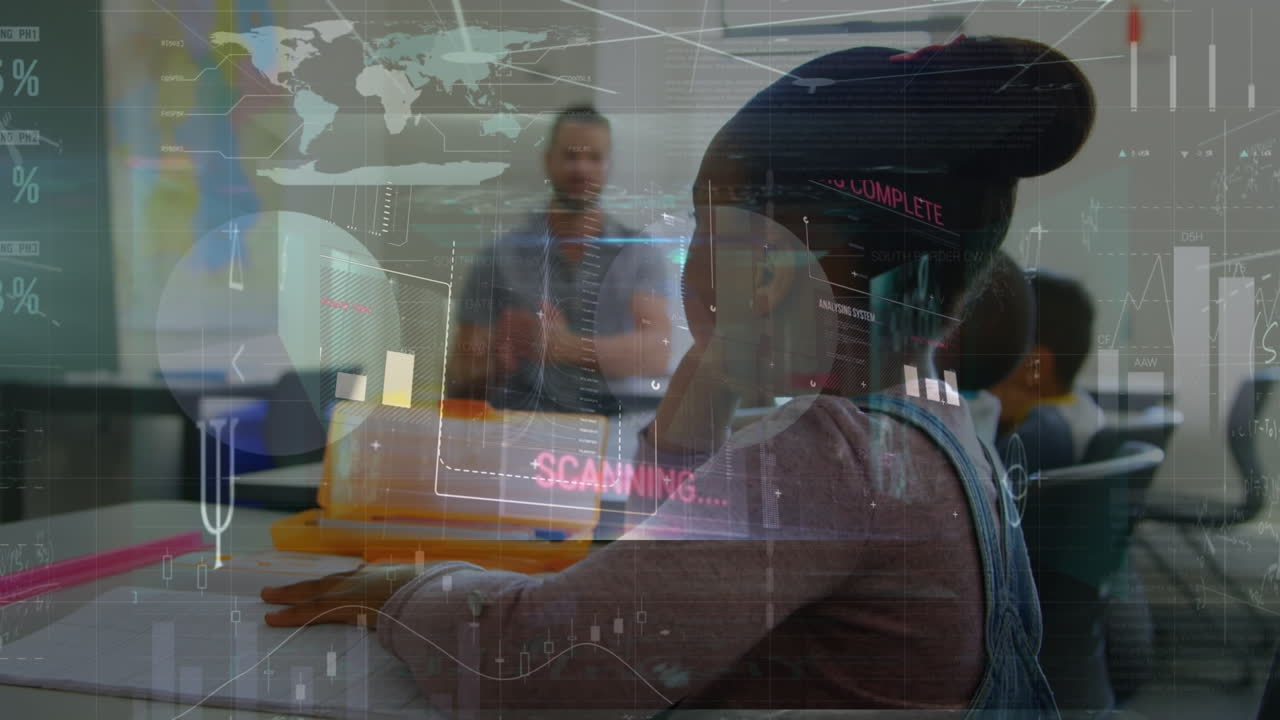 다양한 학교 학생들과 교실의 교사들에 대한 데이터 처리의 애니메이션