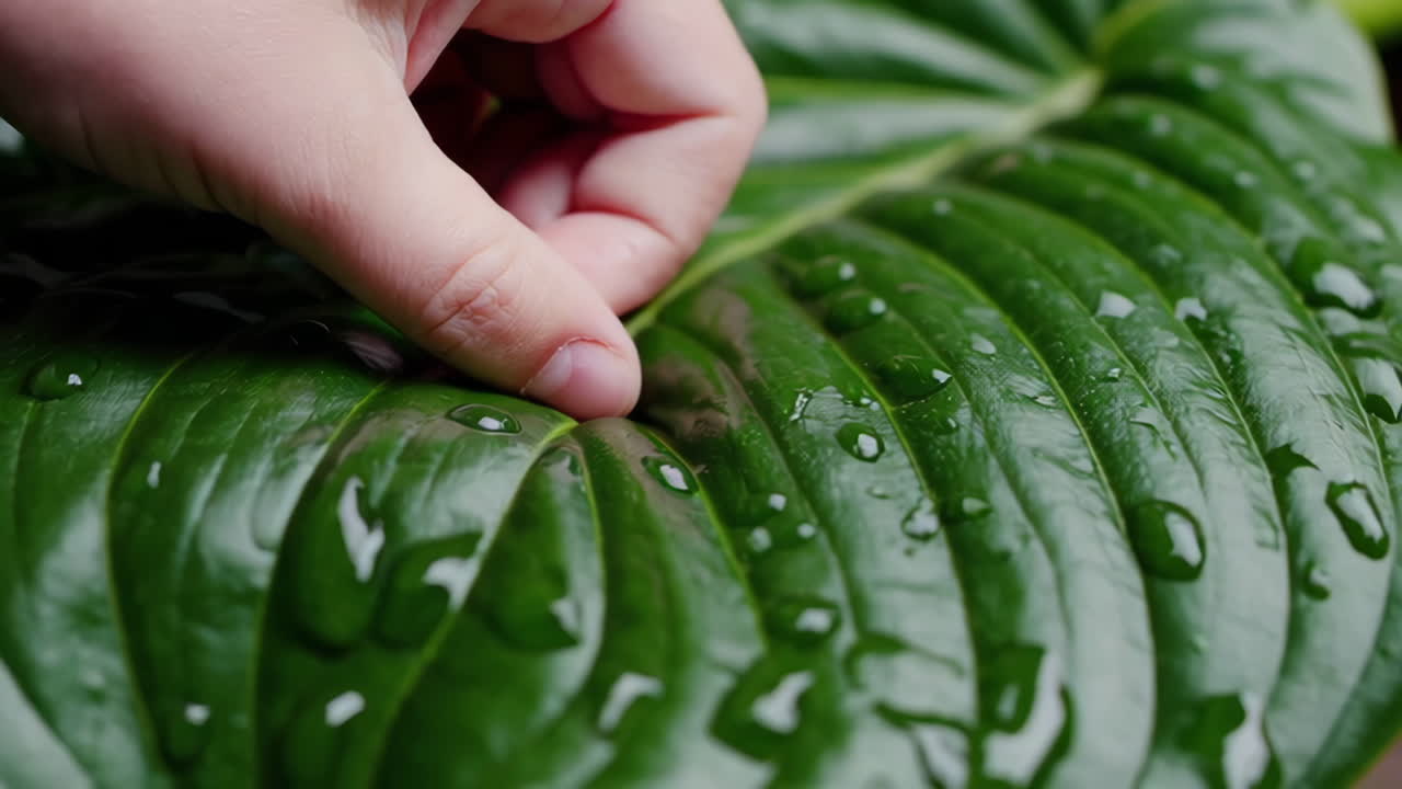 Hand touching a wet green leaf with water droplets